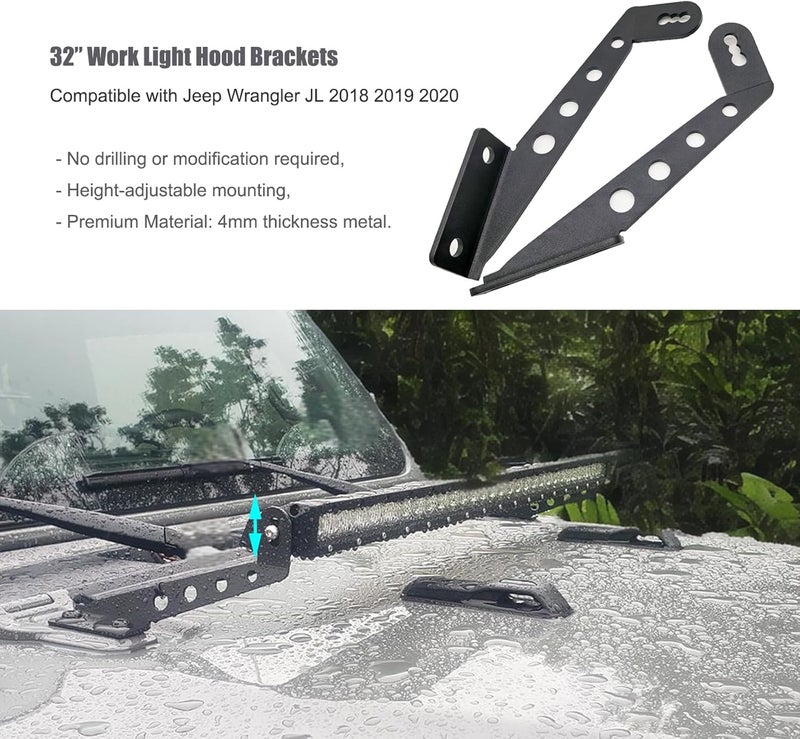 DarSeity Hood Hinges Mount 32" Light Bar Brackets for Jeep Wrangler JL JLU Gladiator JT 2018-2023, for Auxiliary Off-Road Lighting (for Jeep Wrangler JL) - Image 2